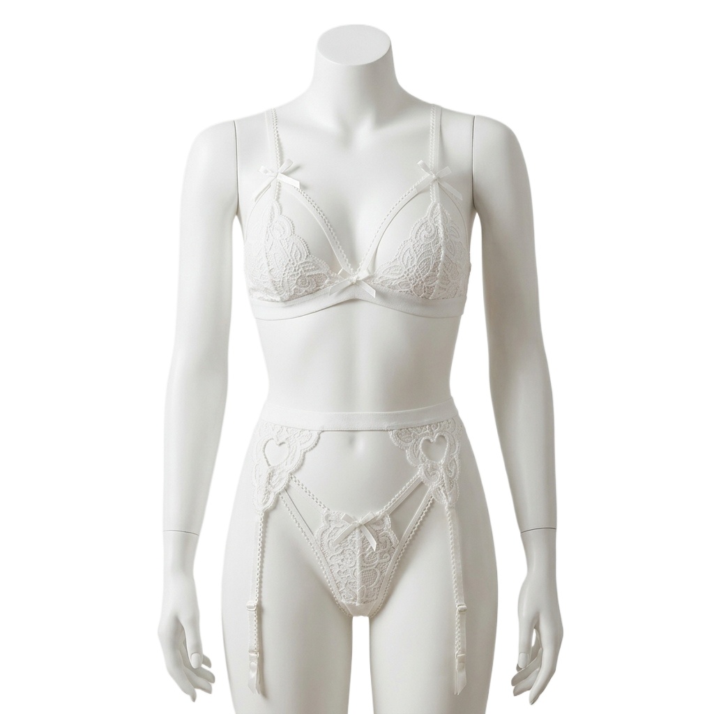 Garter Belt Set - バレンタインデーにぴったりの、ガーターベルト付き、ストラップとカットアウトデザインのブラレット、そしてリボンがあしらわれたパンティがセットになった、女性用3点セットのレースランジェリー。