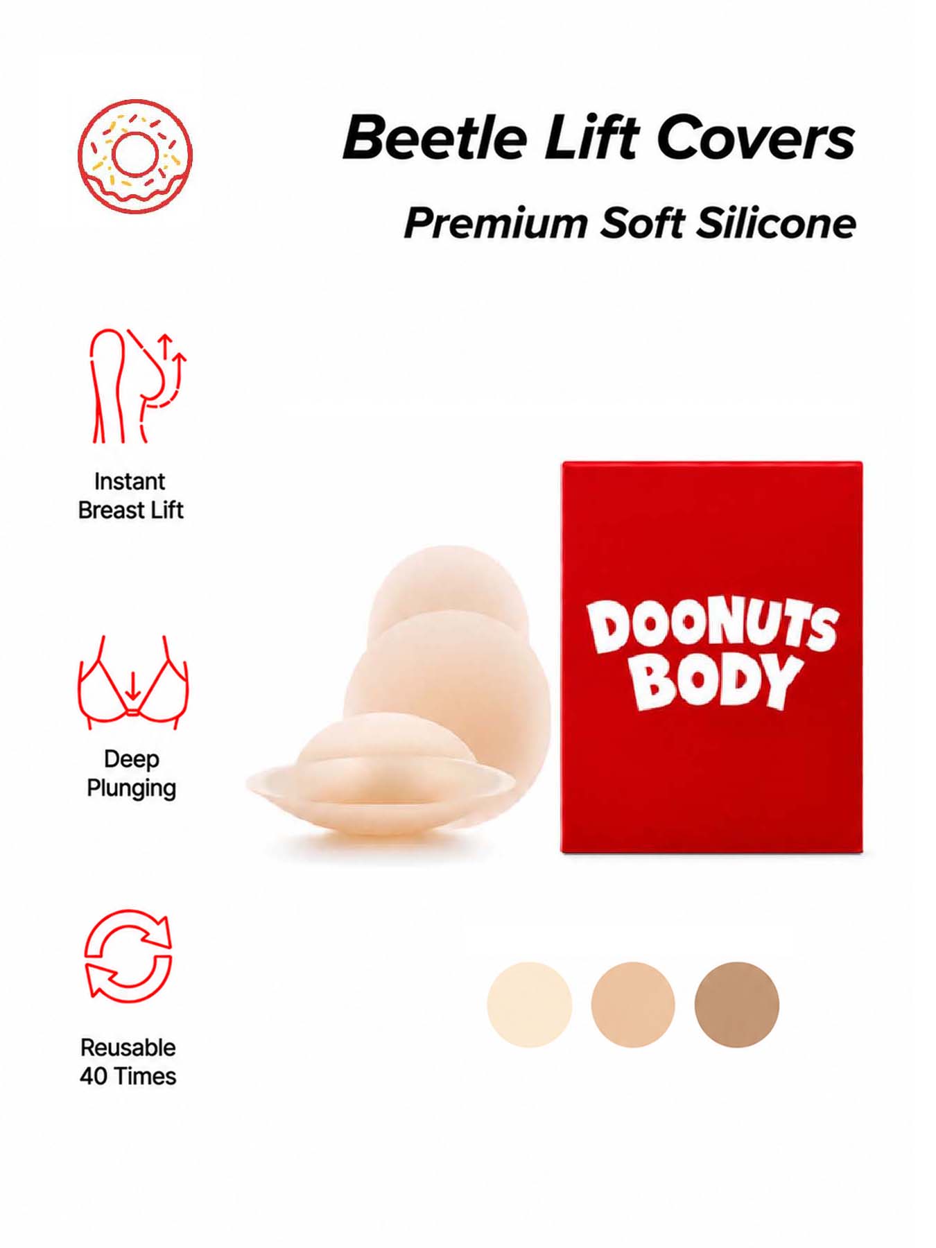 Nipple Cover Pasties - DOONUTS シリコン製、再利用可能、防水、通気性のある、ストラップなし、粘着式のバストアップパッド（カップサイズ：AA～E）