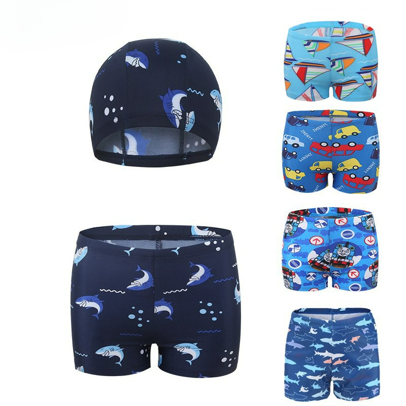 Boyshort Underwear - 2ピースボーイズスイミングショーツ2026新作快適で通気性のある漫画柄キッズスイムトランクスとスイムキャップ