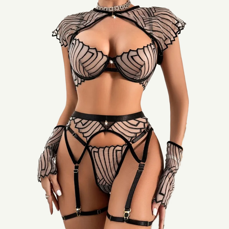 Garter Belt Set - 女性用ブラック幾何学模様刺繍ブラ＆パンティーランジェリーセット、ソフトショルダーケープガーターベルトと調節可能なレッグストラップ付き
