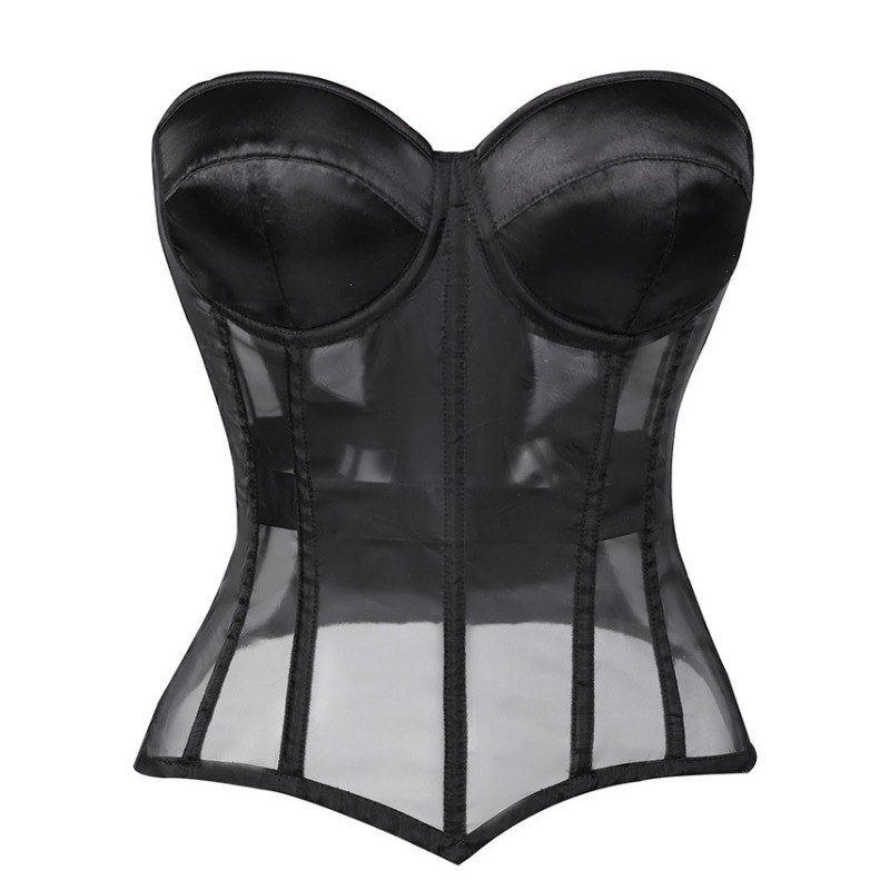 Corset Waist Cinch - 黒のストラップレスメッシュシースルーコルセットトップス、ウエストを絞って体型を整える女性用