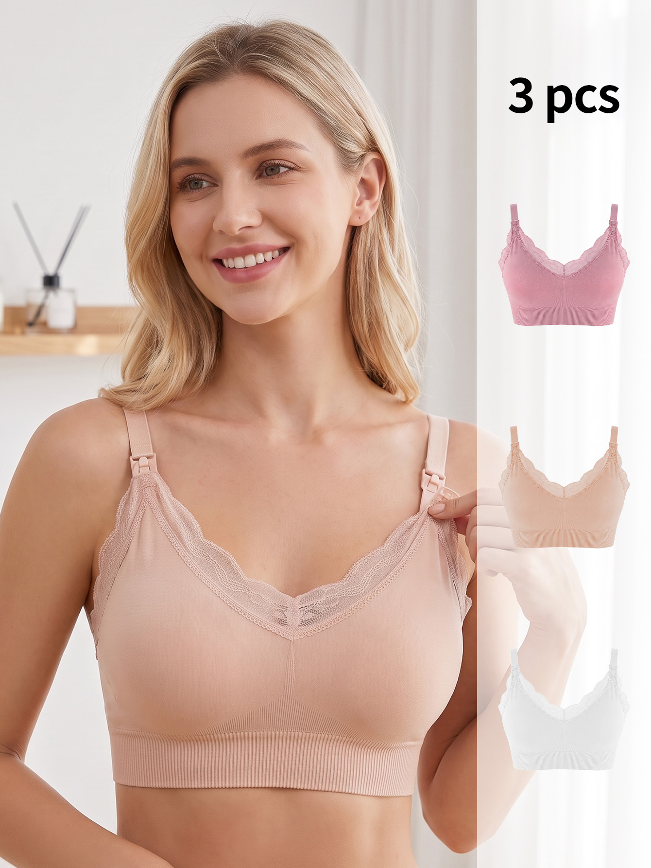 Nursing Bra Sleep - 授乳ブラ3枚セット、ワイヤーなしシームレスレース授乳ブラ、開閉しやすいクリップ付き、妊婦さん向けの快適なスリープブラ。