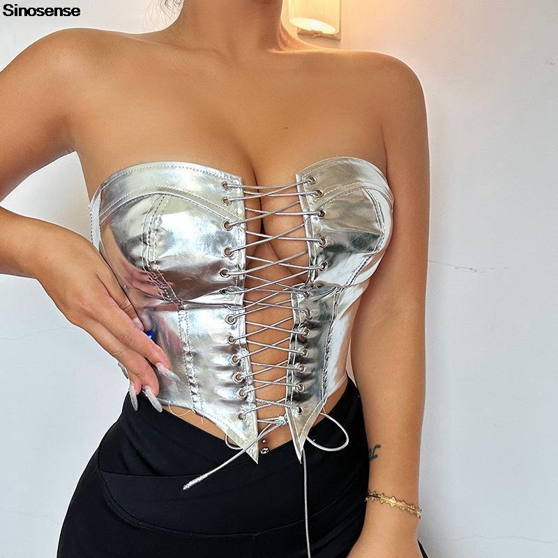 Strapless Bra Backless - 女性用PUレザービスチェ,クロップチューブトップ,メタリック,非対称,ストラップレス,レースアップ,バンドゥトップ,セクシー,外出,ナイトクラブ,パーティー