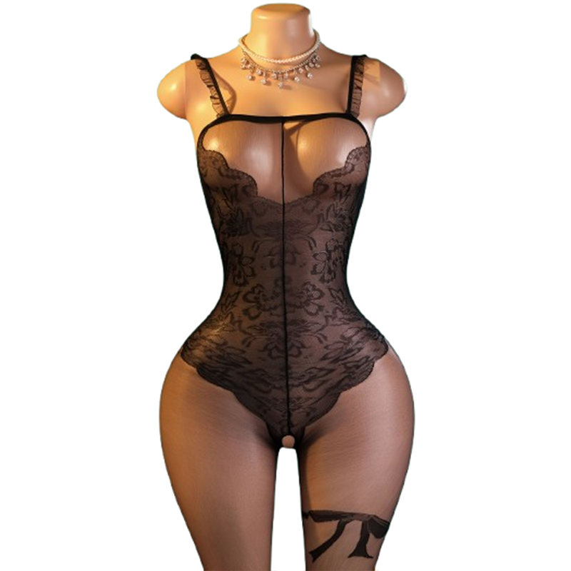 1ピースの黒いレースと透け感のあるメッシュ素材を使用したテデ - Lace Teddy Lingerie のレビューと価格