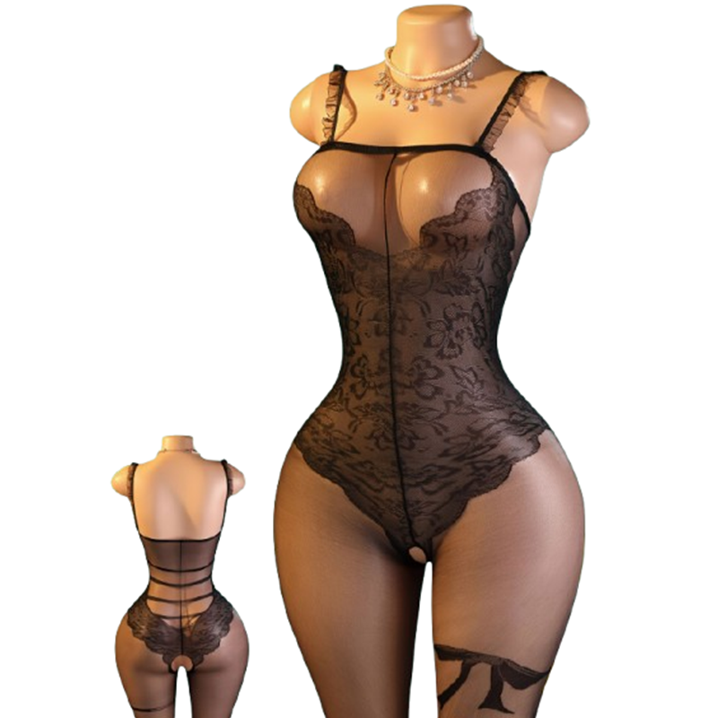 1ピースの黒いレースと透け感のあるメッシュ素材を使用したテデ - Lace Teddy Lingerie のレビューと価格