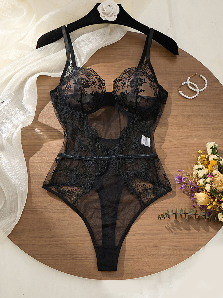 女性用、花柄レースのボディスーツ、黒、シースルー素材、一体型 - Lace Teddy Lingerie のレビューと価格